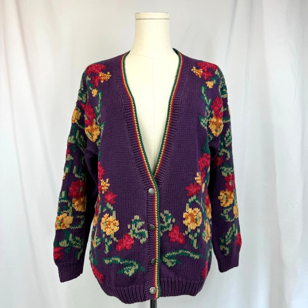 Vintage Robert Scott Knit Floral Cardigan Sweater Purple Cottagecore Grandma S